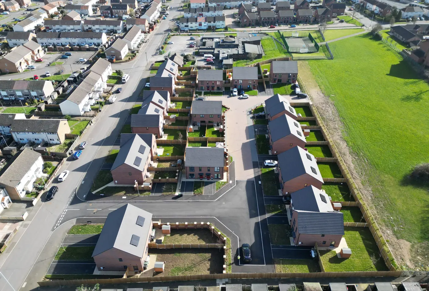Aerial drone view of the completed 33 plot housing development at Swarcliffe, Leeds, built by Bond Brickwork for Jack Lunn